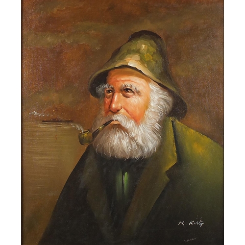 54 - Man smoking a pipe, oil onto canvas, bearing a signature M King, framed, 60cm  49cm