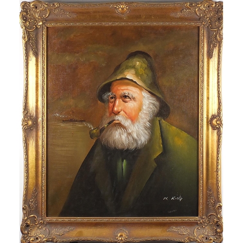 54 - Man smoking a pipe, oil onto canvas, bearing a signature M King, framed, 60cm  49cm