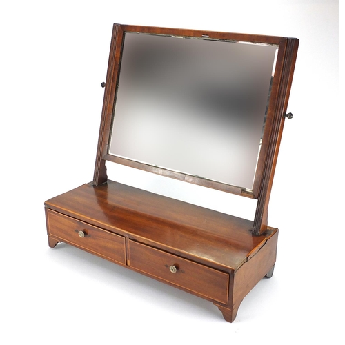 31 - Edwardian line inlaid mahogany bathroom mirror, fitted with two drawers, 55cm H x 54m W