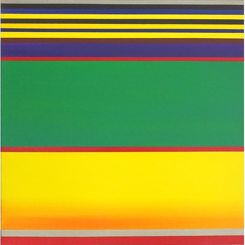 120 - Pair of modern art oil on canvases, colourful straight lines, 70cm x 70cm