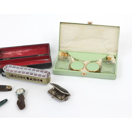 341 - Box of objects including a Conway Stewart marbleised fountain pen wit 14ct gold nib, Mauchline Ware ... 