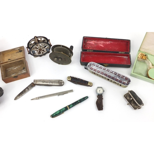 341 - Box of objects including a Conway Stewart marbleised fountain pen wit 14ct gold nib, Mauchline Ware ... 