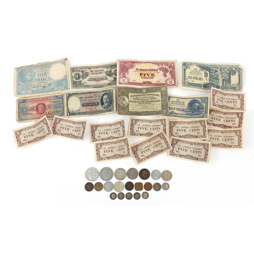 296 - Small group of World coins and banknotes including silver three penny bits