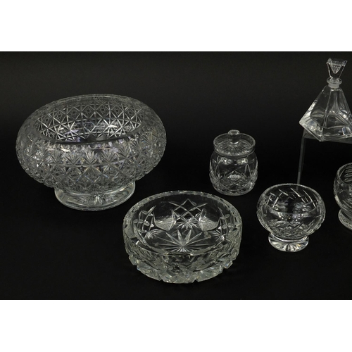 197 - Cut glassware including a good quality crystal fruit bowl, vases, scent bottle etc