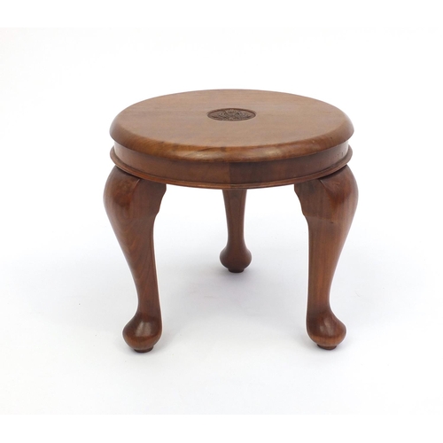 45 - Hardwood tripod stool, carved with Royal Corps Army Ordnance crest, 28cm H x 30cm in D