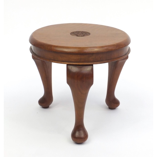 45 - Hardwood tripod stool, carved with Royal Corps Army Ordnance crest, 28cm H x 30cm in D