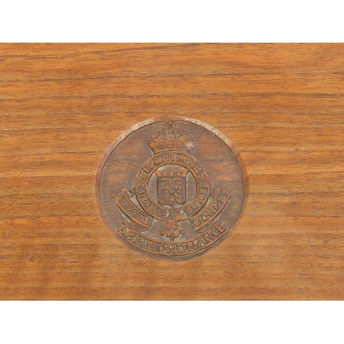 45 - Hardwood tripod stool, carved with Royal Corps Army Ordnance crest, 28cm H x 30cm in D