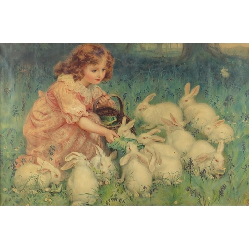 208 - Vintage Pears print of a girl feeding rabbits, framed, 64cm x 42cm