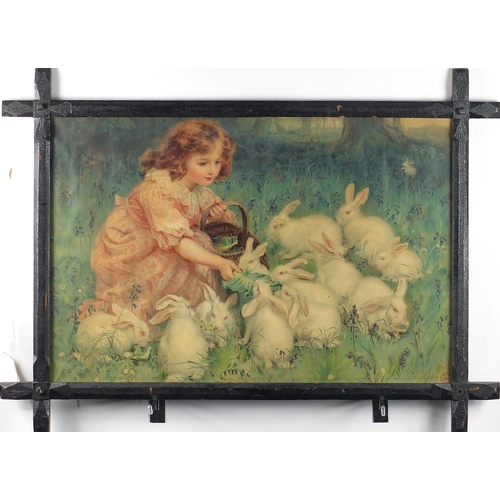 208 - Vintage Pears print of a girl feeding rabbits, framed, 64cm x 42cm