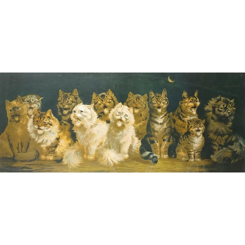 206 - Vintage Louis Wain print of cats, mounted and framed, 98cm x 41.5cm