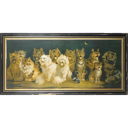 206 - Vintage Louis Wain print of cats, mounted and framed, 98cm x 41.5cm