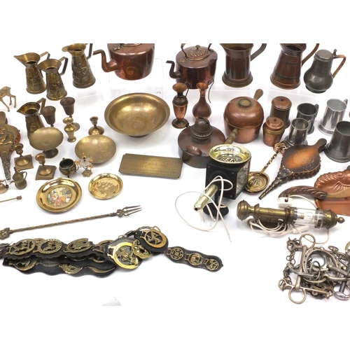 224 - Assorted metal wares including horse brasses, brass flagons, fire bellows, hand painted opaline glas... 