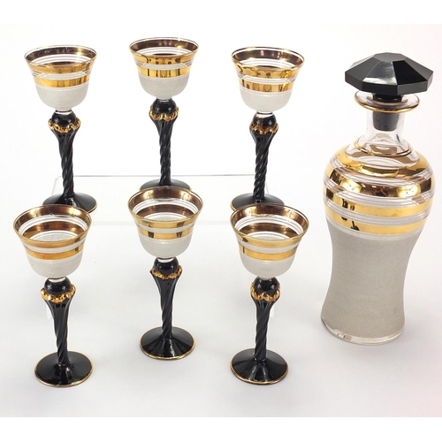 277 - Stylish Art Deco design decanter and six drinking glasses, the decanter 25cm H