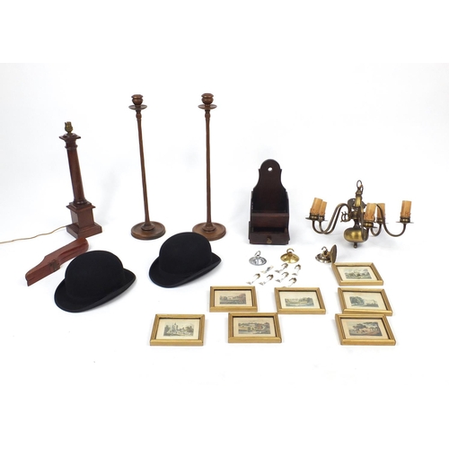 199 - Miscellaneous items including two Lock & Co Bowlers hats, pair of turned candle sticks and a group o... 