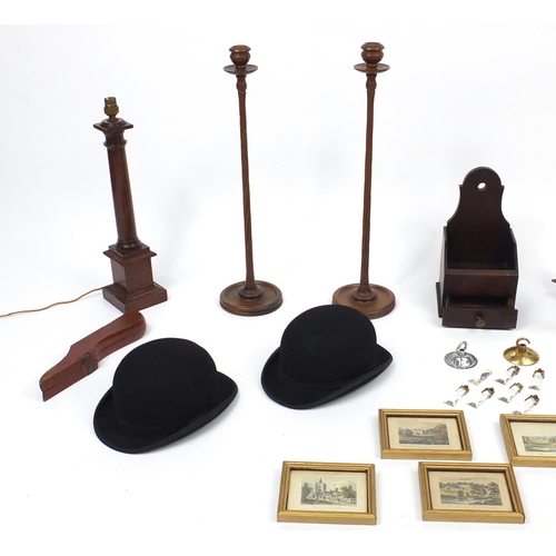 199 - Miscellaneous items including two Lock & Co Bowlers hats, pair of turned candle sticks and a group o... 