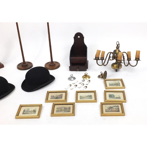 199 - Miscellaneous items including two Lock & Co Bowlers hats, pair of turned candle sticks and a group o... 