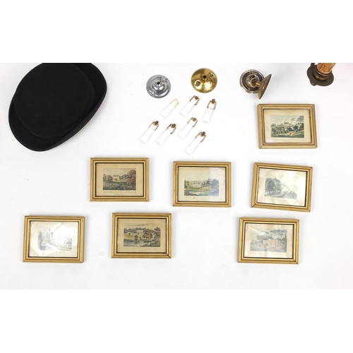 199 - Miscellaneous items including two Lock & Co Bowlers hats, pair of turned candle sticks and a group o... 