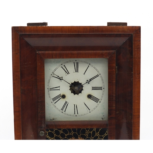 359 - American wall hanging striking clock with hand painted glass door, 66cm x 40cm