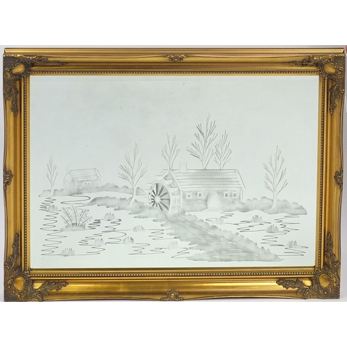 8 - Gilt framed etched glass mirror, decorated with a view of a watermill 107cm x 76cm