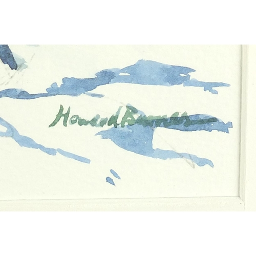 452 - Watercolour on card, figures seated before a seascape, bearing a signature Howard Barnes, mounted an... 