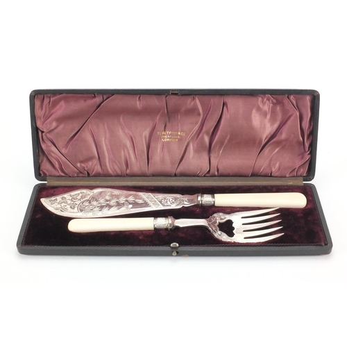 304 - Cased set of silver plated fish servers, the case named Benetfink & Co, Cheapside, London