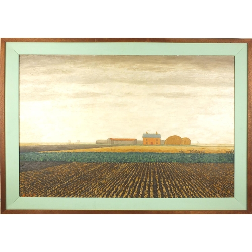 25 - Oil onto canvas, farm house, bearing a monogram H H T, mounted and framed, 74cm x 50cm excluding the... 
