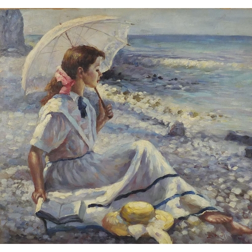 27 - Oil onto canvas laid onto board, lady with a parasol beside the sea, bearing an indistinct signature... 