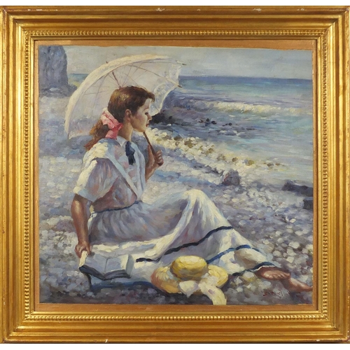 27 - Oil onto canvas laid onto board, lady with a parasol beside the sea, bearing an indistinct signature... 