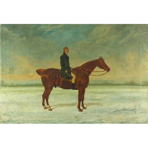 314 - C W Lewis 71 - Unframed 19th century oil onto canvas, figure on horseback in a landscape