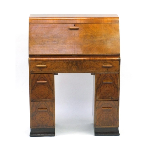 40 - Art Deco walnut bureau, the fall above an arrangement of five drawers, 11cm high x 84cm wide x 37cm ... 