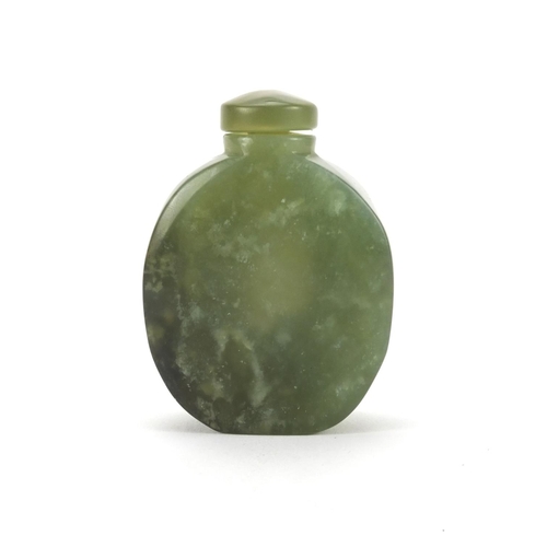 333 - Chinese spinach green jade snuff bottle carved with a frog, 6cm high