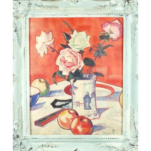 59 - Scottish colourist school oil onto board, still life flowers and fruit, bearing a monogram MS, ornat... 