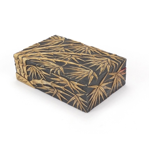 352 - Rectangular Chinese soapstone box with lift off lid, carved with bamboo trees, 6.5cm x 17.5cm x 11.5... 