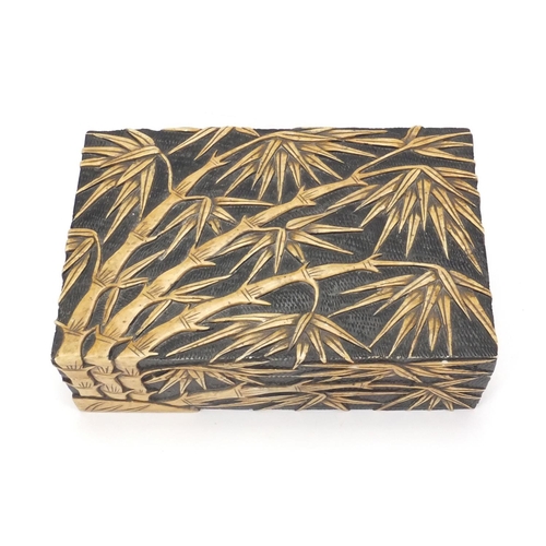 352 - Rectangular Chinese soapstone box with lift off lid, carved with bamboo trees, 6.5cm x 17.5cm x 11.5... 