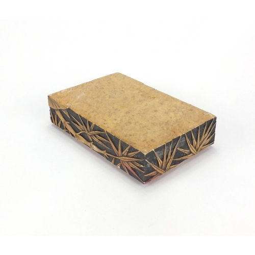 352 - Rectangular Chinese soapstone box with lift off lid, carved with bamboo trees, 6.5cm x 17.5cm x 11.5... 