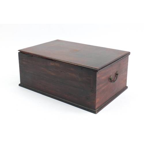 66 - Antique hardwood deed box with drawer to the base and brass handles, 24cm high x 57.5cm wide x 38.5c... 