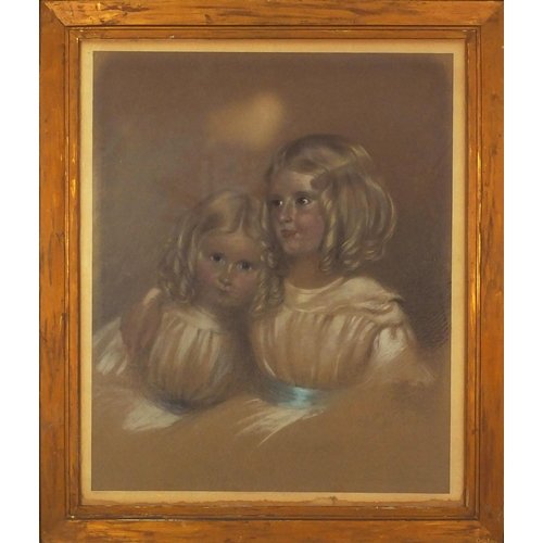 87 - 19th century mixed media onto paper, portrait two young girls, bearing an indistinct signature C A D... 