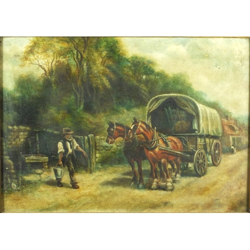 88 - Oil onto canvas, figure with bucket beside a horse drawn cart, ornately gilt framed, 35cm x 24.5cm e... 