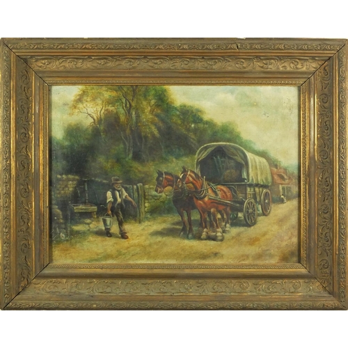 88 - Oil onto canvas, figure with bucket beside a horse drawn cart, ornately gilt framed, 35cm x 24.5cm e... 