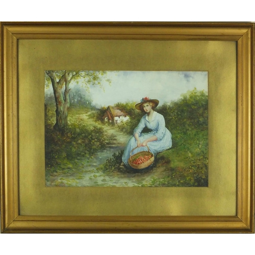 90 - WITHDRAWN  - Watercolour, seated strawberry picker before a landscape, bearing a signature Mccolvin,... 