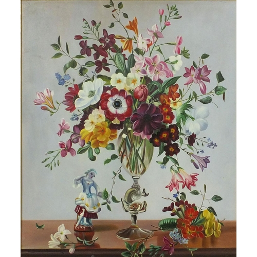 119 - Oil onto board, still life flowers in a vase, bearing a signature Davies Rickter, framed, 60cm x 50c... 