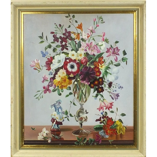 119 - Oil onto board, still life flowers in a vase, bearing a signature Davies Rickter, framed, 60cm x 50c... 