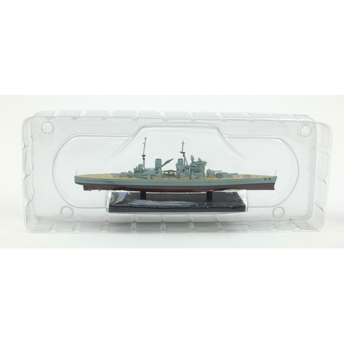 126 - Eight Atlas edition battleships all boxed, some sealed including HMS Hood, HMS Barham and Bismarck e... 