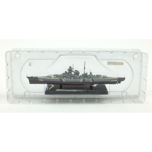 126 - Eight Atlas edition battleships all boxed, some sealed including HMS Hood, HMS Barham and Bismarck e... 