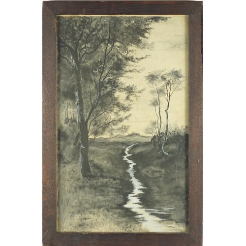 376 - Stream in woodland, mixed media, framed, 42cm x 25cm