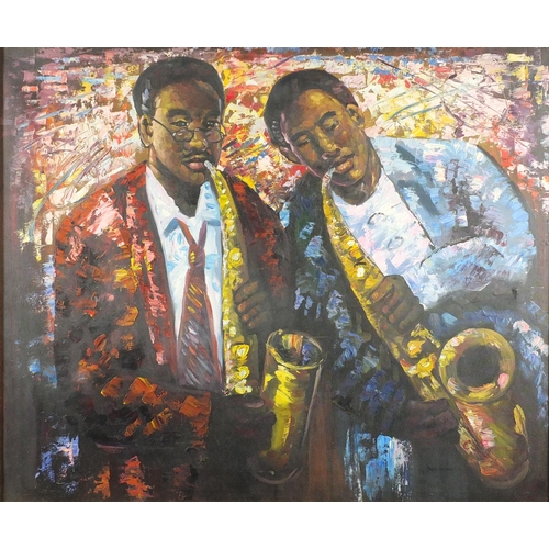 173 - Two musicians, oil onto canvas, bearing an indistinct signature, framed, 61cm x 50cm