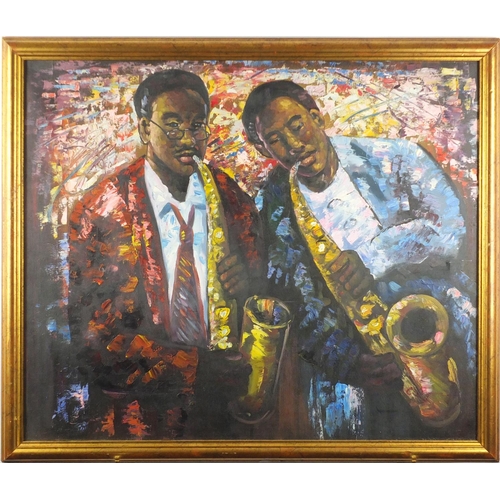 173 - Two musicians, oil onto canvas, bearing an indistinct signature, framed, 61cm x 50cm