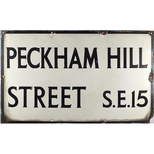 201 - Vintage Peckham Hill enamelled street sign together with a Bonar Road street sign, the largest 114cm... 