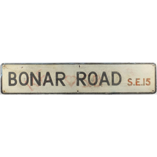 201 - Vintage Peckham Hill enamelled street sign together with a Bonar Road street sign, the largest 114cm... 