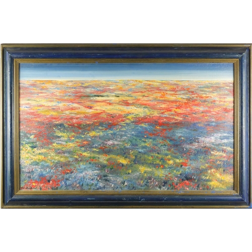 207 - Flowers in a field, oil onto canvas, bearing an  indistinct signature, framed, 75cm x 44.5cm